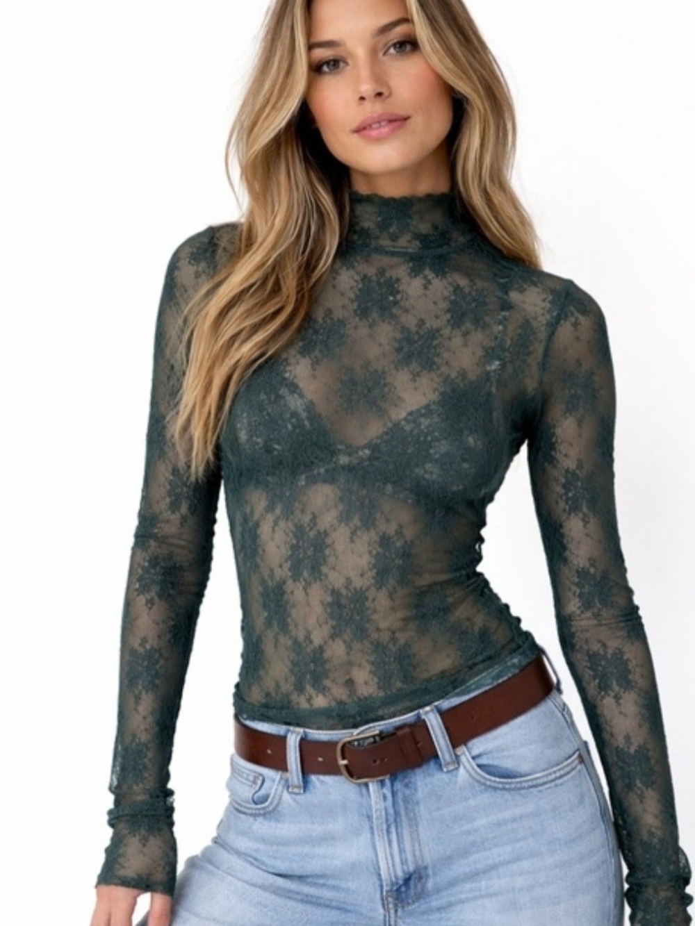 Free People Sheer Lace Mock Neck Top - Dark Green XS